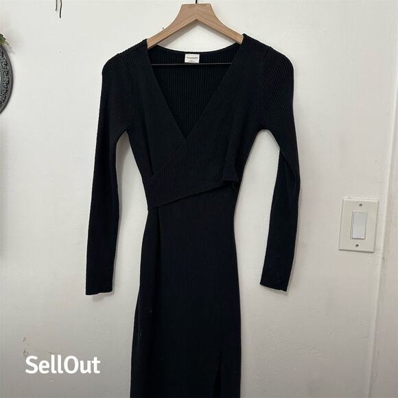Abercrombie & Fitch Women's Black Faux-Wrap Ribbed Sweater Dress S - Picture 5 of 7